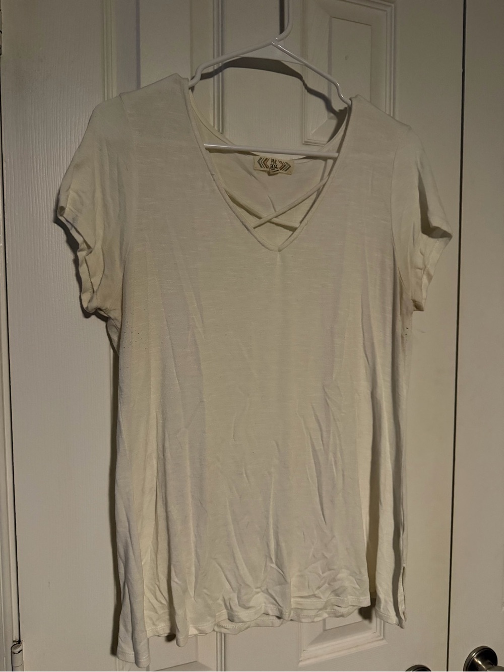 Pink Rose Cream Short Sleeve V-Neck Top with Crisscross Detail